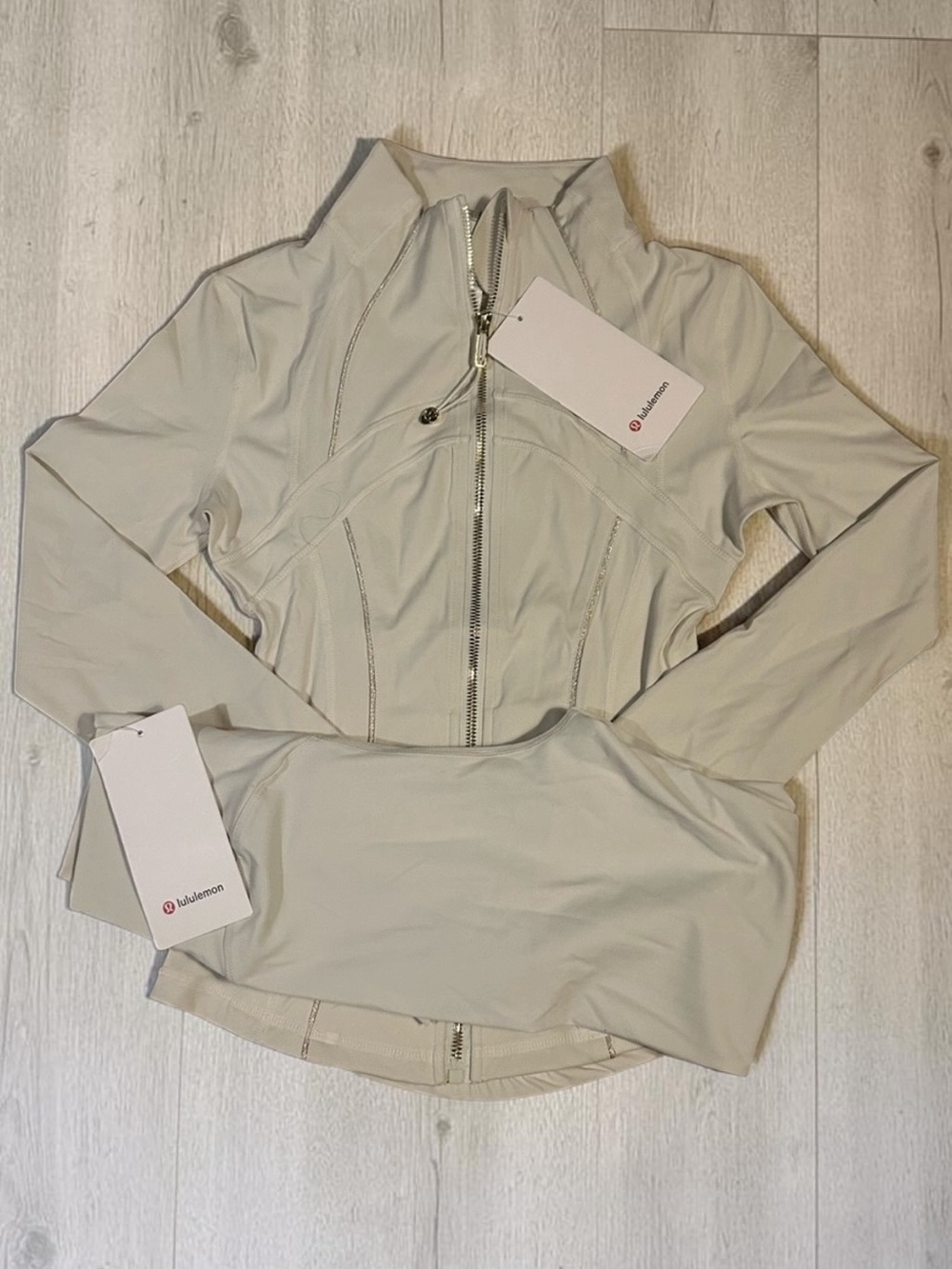 Lululemon Cream And Gold Zip Up Set with Gold Accents